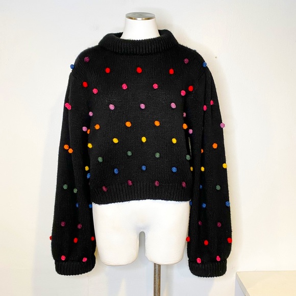 FARM Rio Sweaters - Farm Rio | Rainbow Dots Sweater in Black, Bobble Pom Pom Blouson Sleeve Sz. L